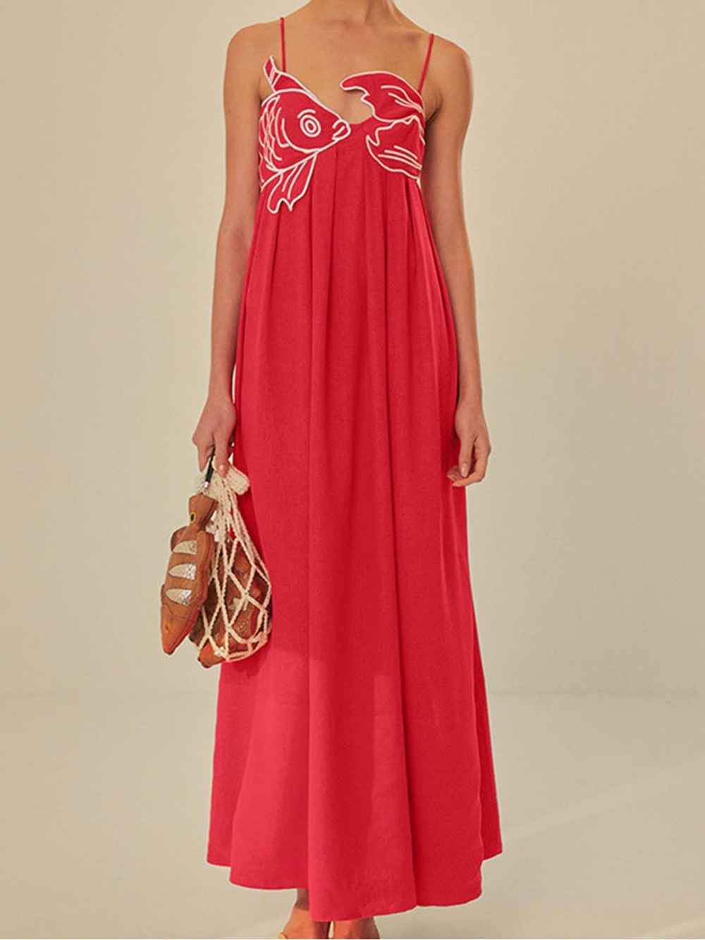Red Spaghetti-Strap Maxi Dress with Embroidered Bust